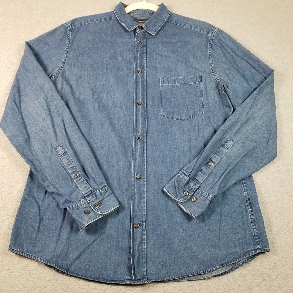 H&M Button Up Shirt Men's M Medium Blue Denim Premium Cotton Long Sleeve Casual
